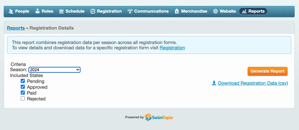 Updated registration reports screenshot for Online Swim Team Registration page
