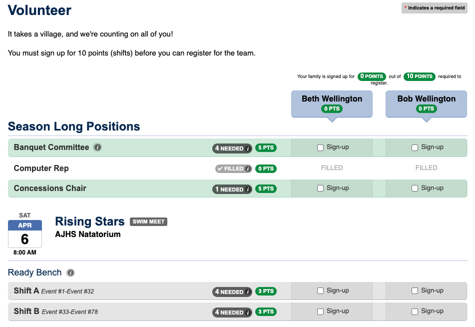 Updated volunteer signups screenshot for Online Swim Team Registration page